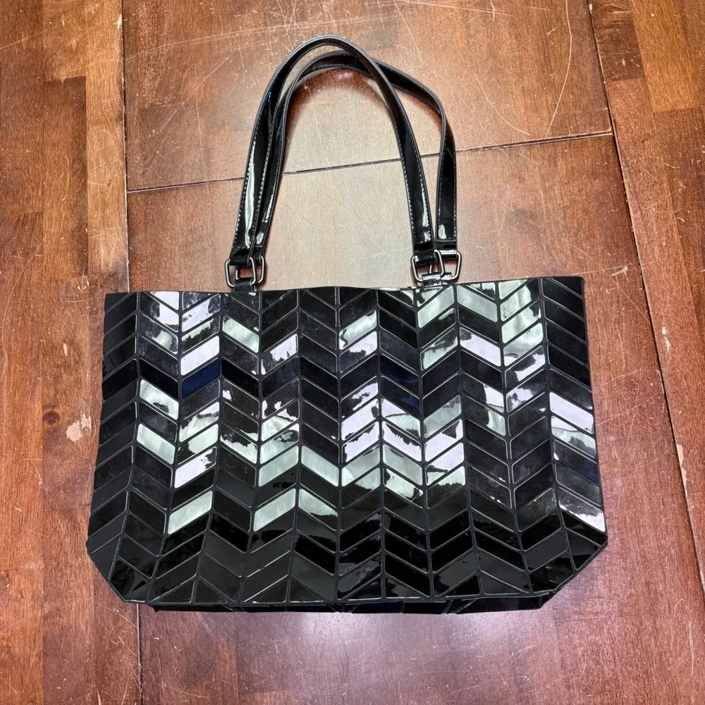 Geometric Tote Bag Women Large Black Glossy Chevron Mosaic Shoulder Bag